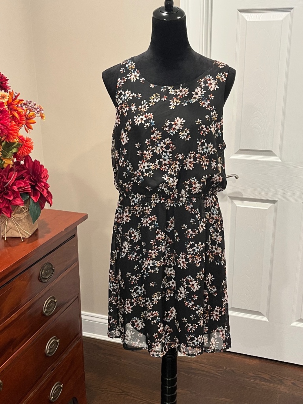 Xhilaration Black Floral Sleeveless Chiffon Blouson Mini Dress XL